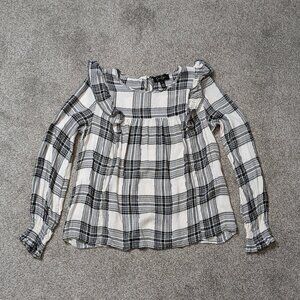JESSICA SIMPSON Black & White Plaid Long Sleeve Pullover Peasant Top; Size S